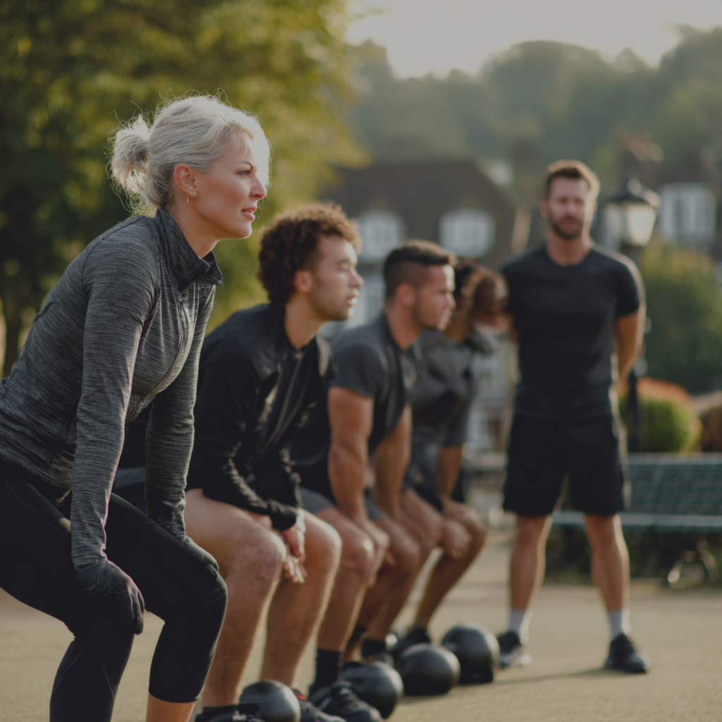 Experienced adults practicing functional fitness movements in outdoor setting with professional trainer