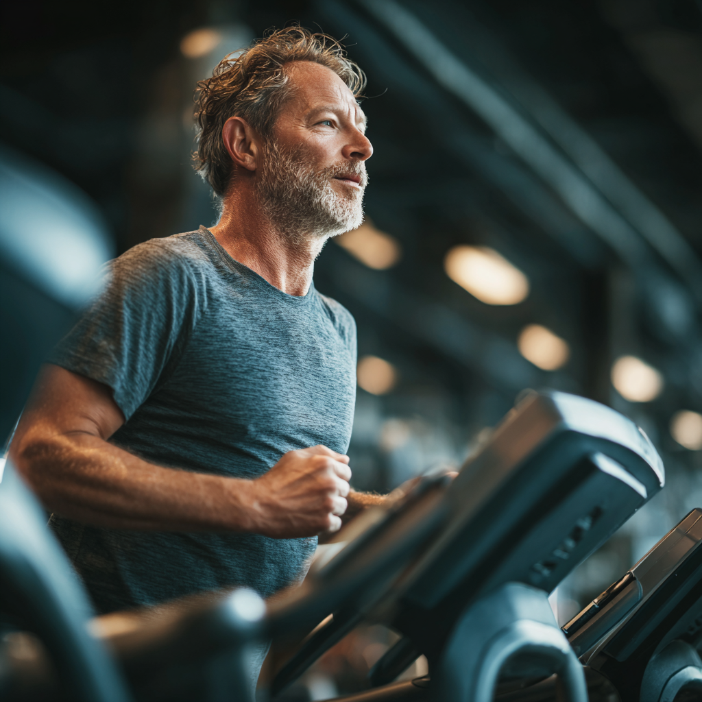 Middle-aged person doing cardio workout on modern equipment showing energy and vitality