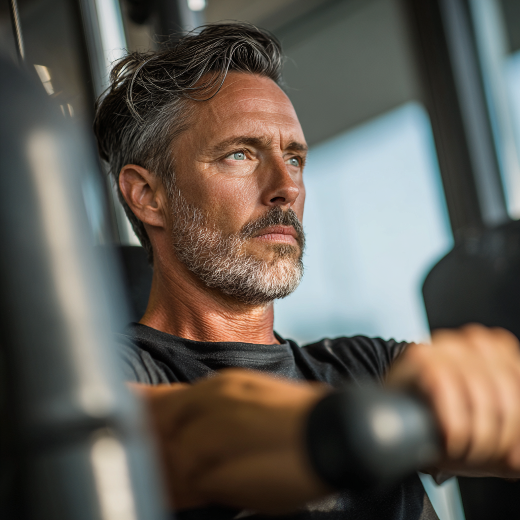 Middle-aged professional working out with modern fitness equipment showing determination and focus